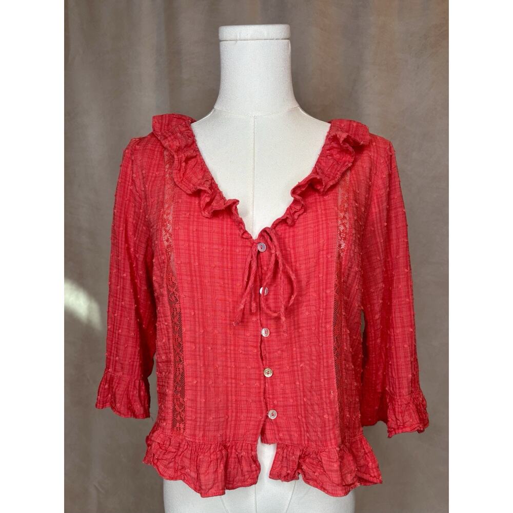 Hem & Thread Pink Ruffle Button Front Top Boho Cottagecore Rayon Blouse M